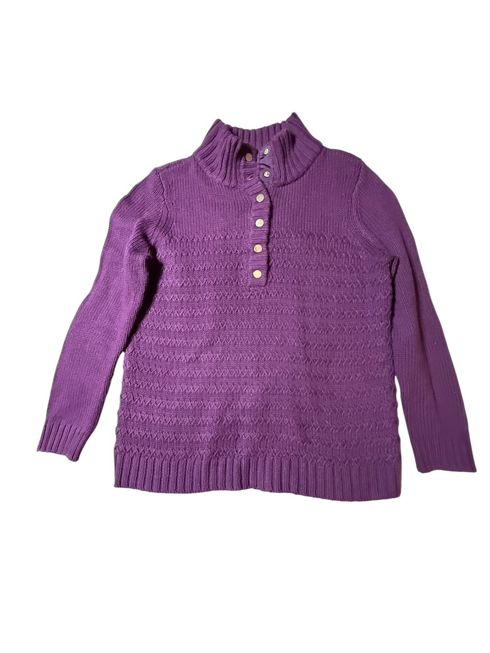 Talbots Texture Stich Snap Mockneck Sweater Women's Medium Purple Cabin Cozy